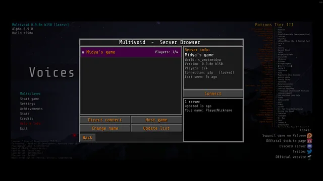The server browser, built out of the game's own menus